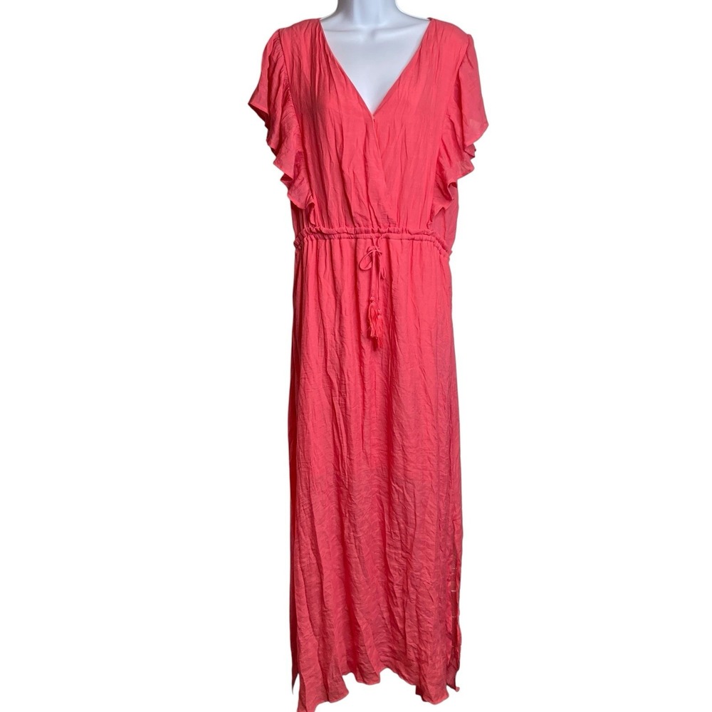 L Love Women's Coral Pink Ruffle Sleeve Boho Maxi Dress 2XL Beach Flowy Resort